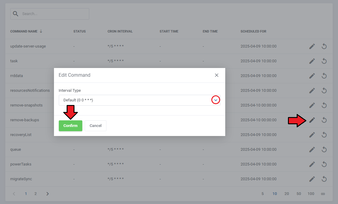 Proxmox VE VPS And Cloud For WHMCS: Cron Scheduler Edit Command dialog with the Interval Type dropdown and Confirm