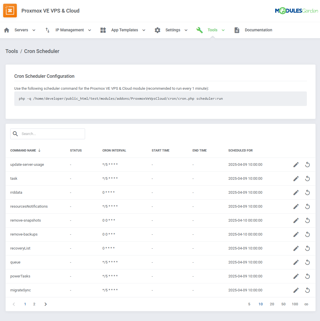Proxmox VE VPS And Cloud For WHMCS: Tools Cron Scheduler page with the scheduler command and cron commands table