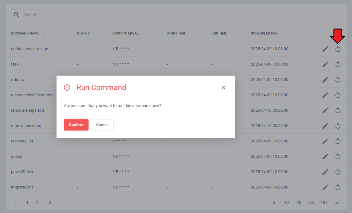 Proxmox VE VPS And Cloud For WHMCS: Cron Scheduler Run Command confirmation dialog opened with the run icon