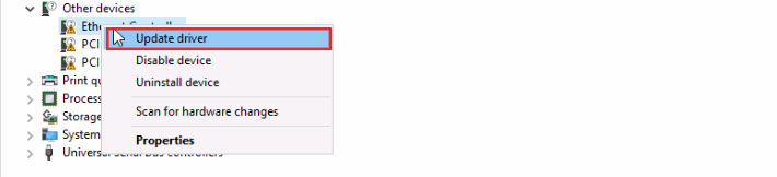 Proxmox VE VPS And Cloud For WHMCS: Device Manager menu of an Ethernet Controller with Update driver highlighted