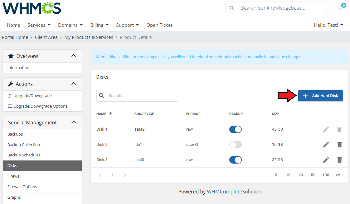 Proxmox VE VPS And Cloud For WHMCS: Disks page with the disk list and the Add Hard Disk button highlighted