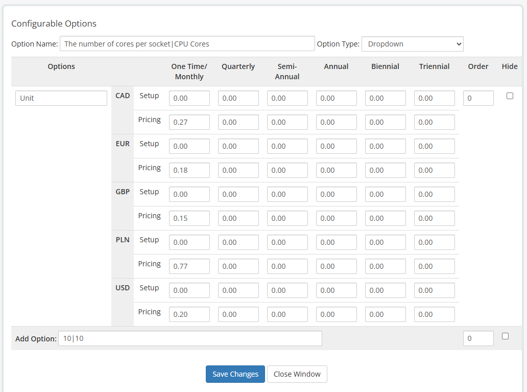 Proxmox VE VPS And Cloud For WHMCS: WHMCS admin option window for cores per socket with pricing and Add Option field