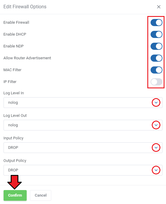 Proxmox VE VPS And Cloud For WHMCS: Edit Firewall Options dialog with switches, log levels and input and output policy