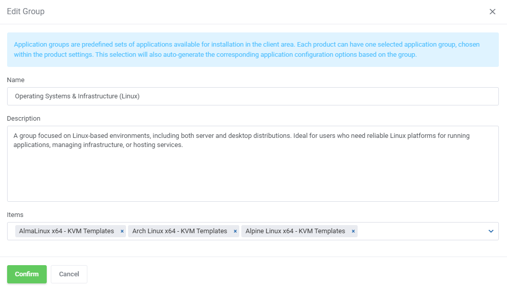 Proxmox VE VPS And Cloud For WHMCS: Edit Group dialog for the Linux operating systems application group with its items