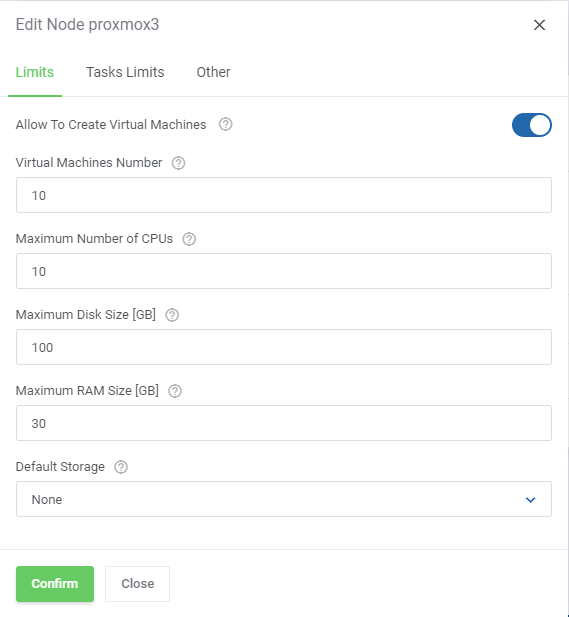Proxmox VE VPS And Cloud For WHMCS: Edit Node dialog Limits tab with VM, CPU, disk and RAM limits and default storage