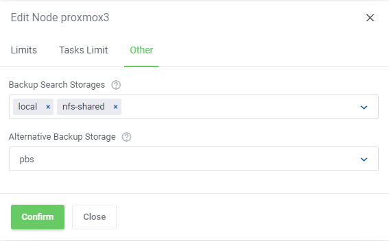 Proxmox VE VPS And Cloud For WHMCS: Edit Node dialog Other tab with backup search storages and alternative backup