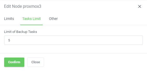 Proxmox VE VPS And Cloud For WHMCS: Edit Node dialog Tasks Limit tab with the Limit of Backup Tasks field