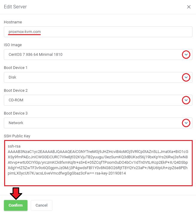 Proxmox VE VPS And Cloud For WHMCS: Edit Server dialog with hostname, ISO image, boot devices and SSH public key
