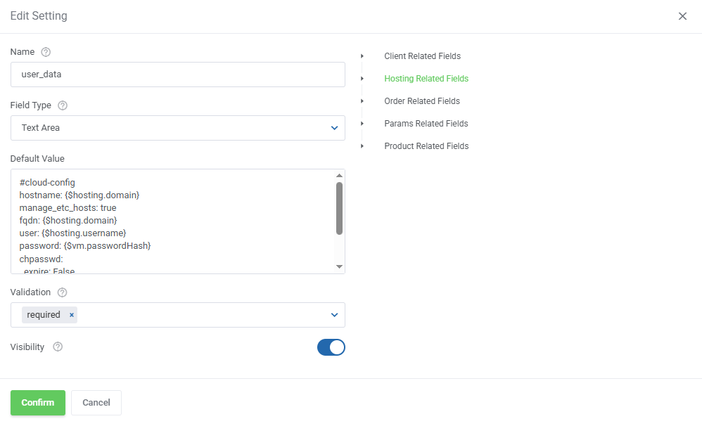 Proxmox VE VPS And Cloud For WHMCS: Edit Setting dialog for user_data with a cloud-config default value and validation