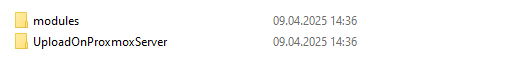 Proxmox VE VPS And Cloud For WHMCS: extracted package folder with the modules and UploadOnProxmoxServer folders
