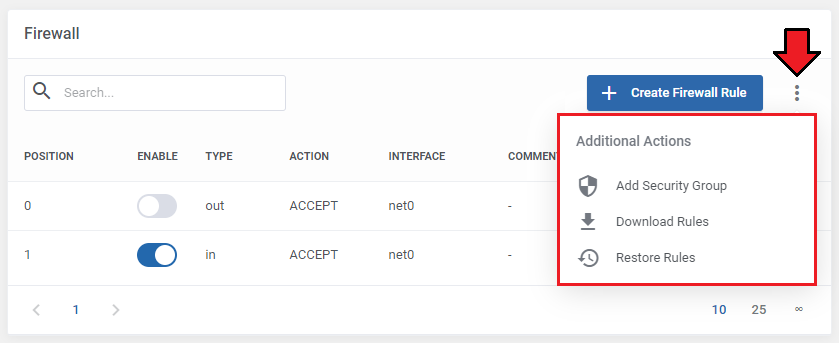 Proxmox VE VPS And Cloud For WHMCS: Firewall page with the Additional Actions menu open