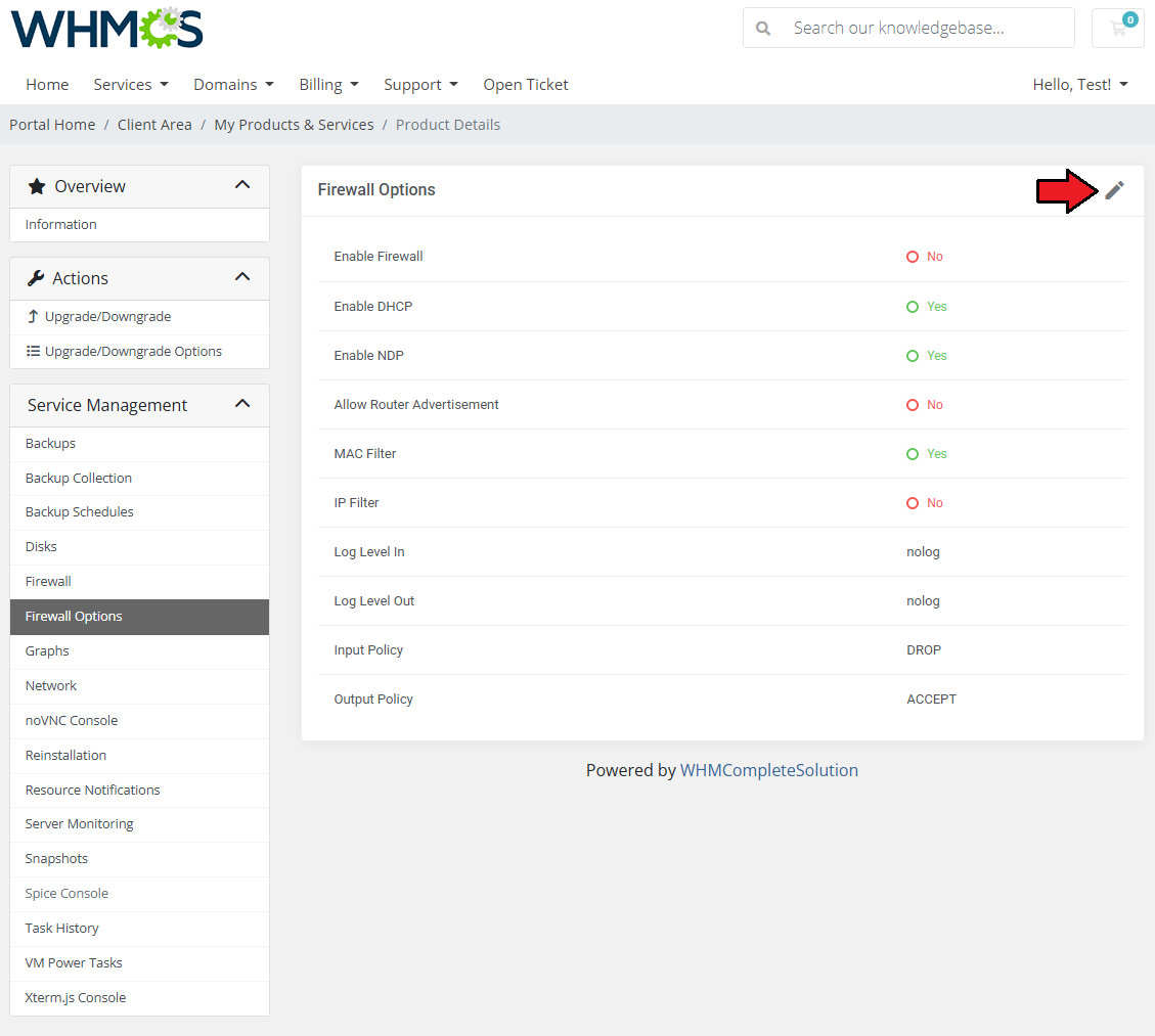 Proxmox VE VPS And Cloud For WHMCS: Firewall Options page with current settings and the edit icon highlighted