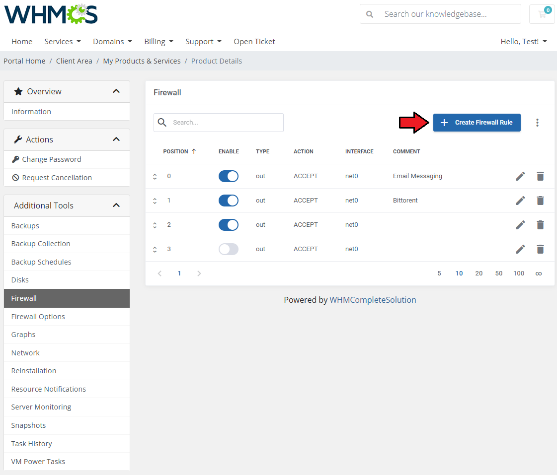 Proxmox VE VPS And Cloud For WHMCS: Firewall page with the rules table and the Create Firewall Rule button highlighted