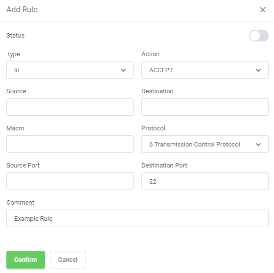 Proxmox VE VPS And Cloud For WHMCS: Add Rule dialog for a firewall template with action, protocol and port