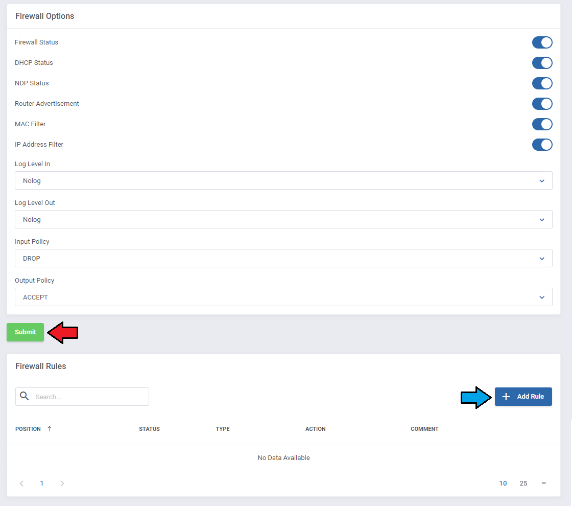 Proxmox VE VPS And Cloud For WHMCS: firewall template Firewall Options with Submit and Add Rule buttons
