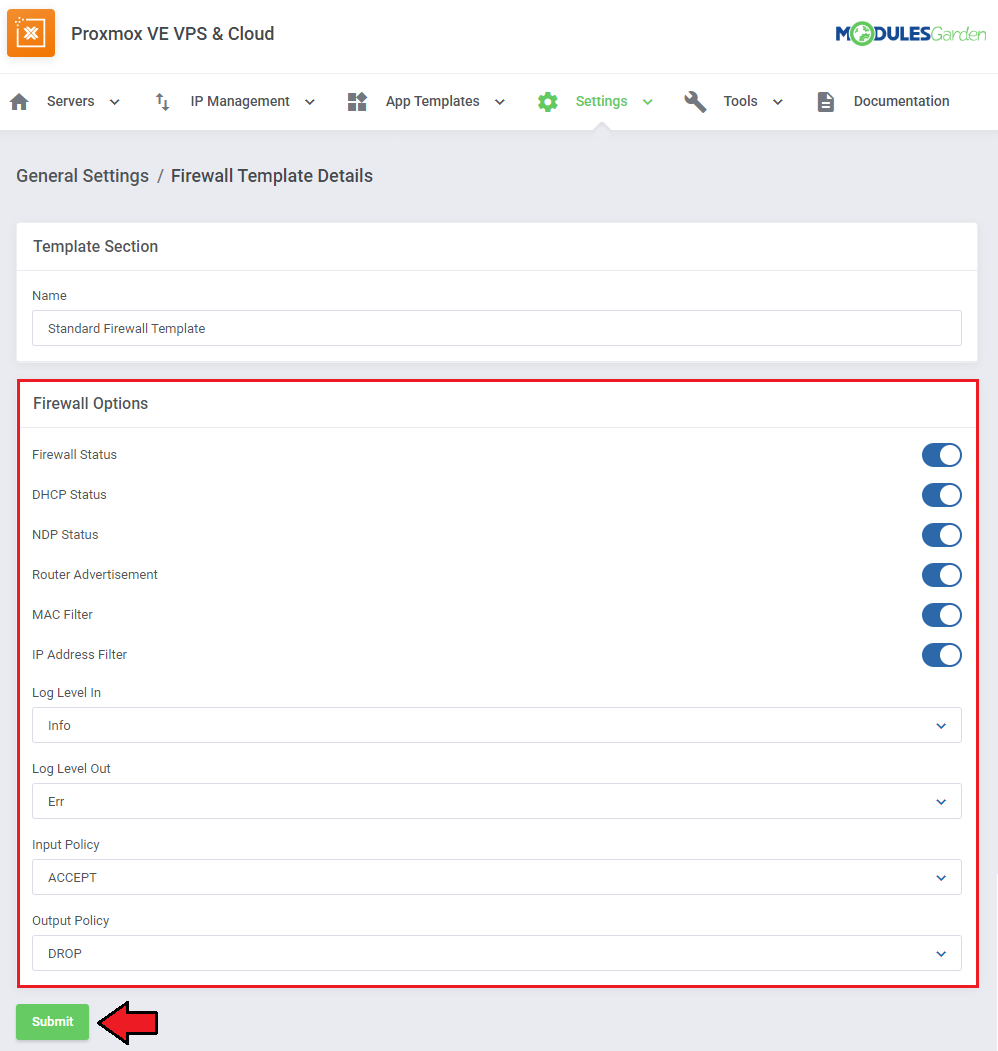 Proxmox VE VPS And Cloud For WHMCS: Firewall Template Details with Firewall Options and Submit button