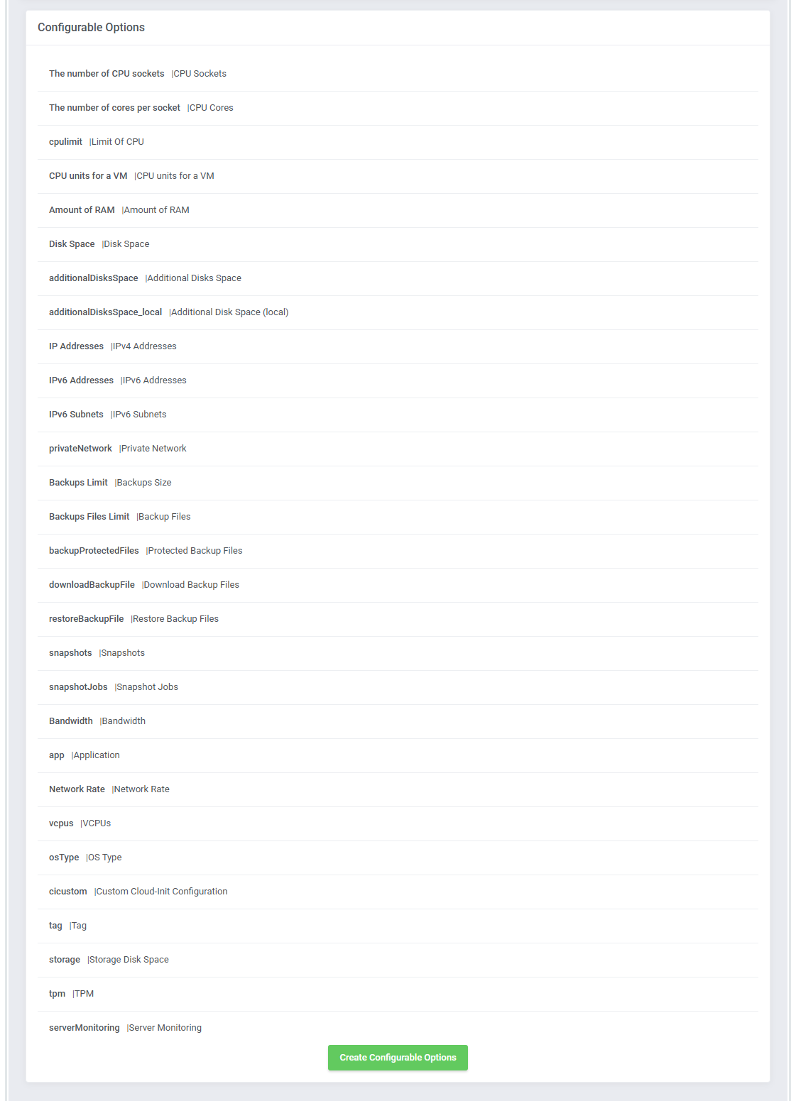 Proxmox VE VPS And Cloud For WHMCS: module settings Configurable Options list with Create Configurable Options button