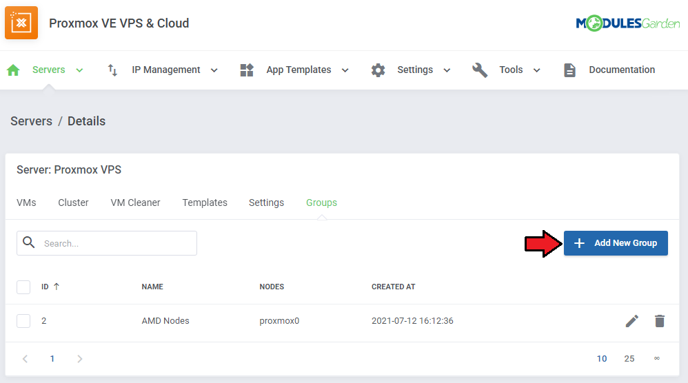 Proxmox VE VPS And Cloud For WHMCS: server details Groups tab with the Add New Group button marked