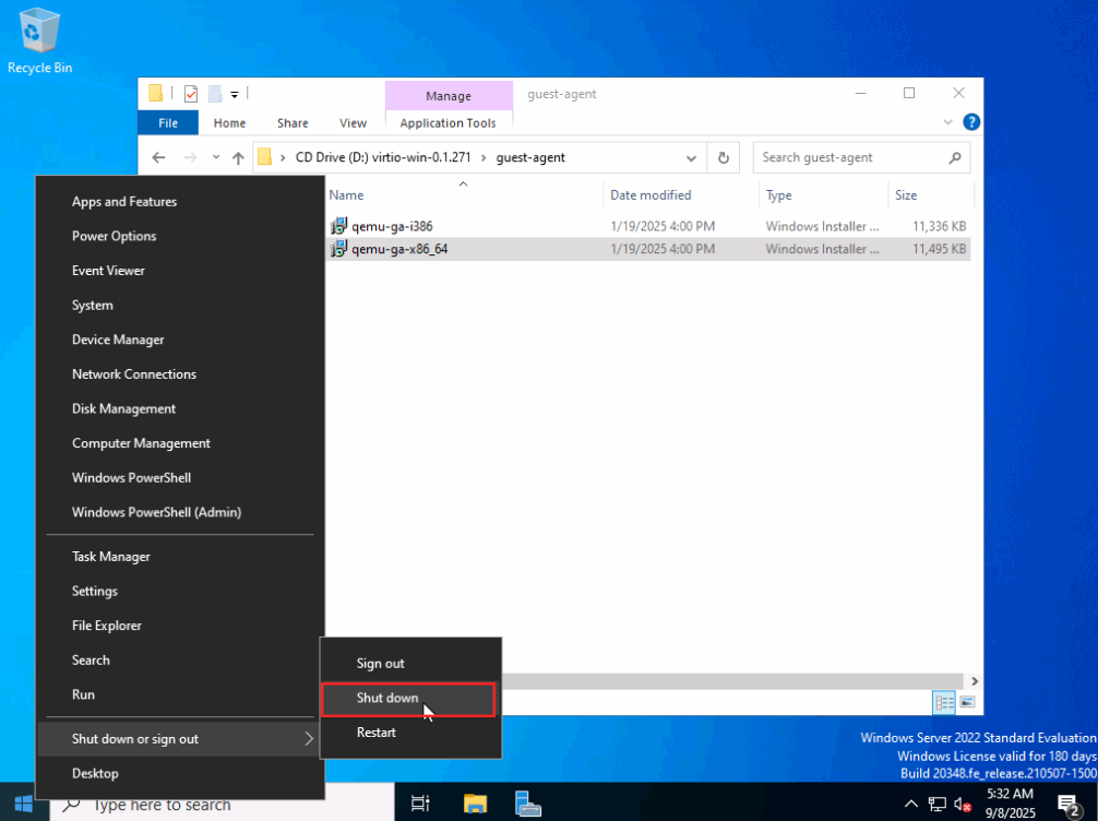Proxmox VE VPS And Cloud For WHMCS: guest-agent folder with qemu-ga installers and Shut down in the Windows Start menu