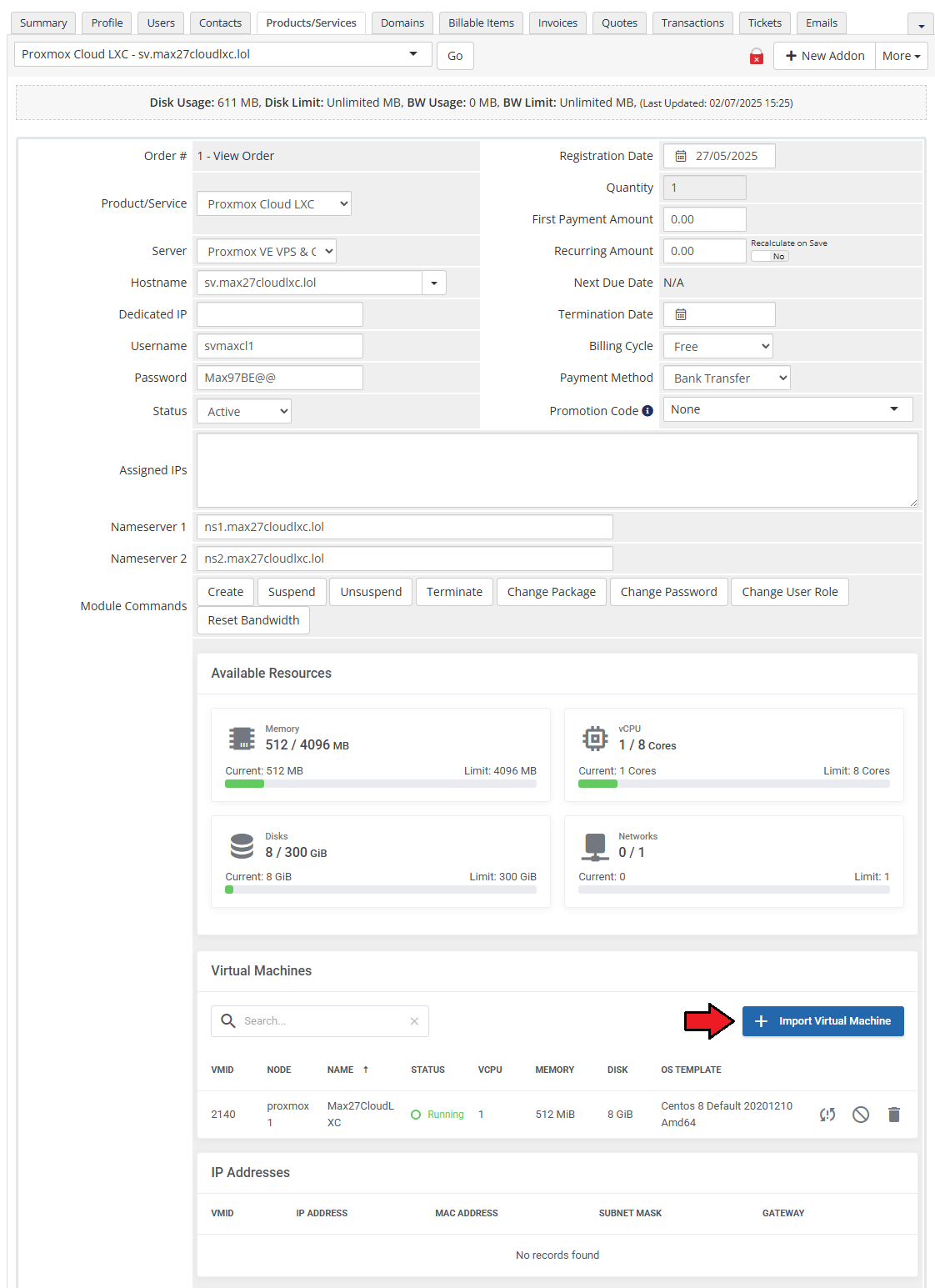 Proxmox VE VPS And Cloud For WHMCS: WHMCS admin product page with the Import Virtual Machine button highlighted