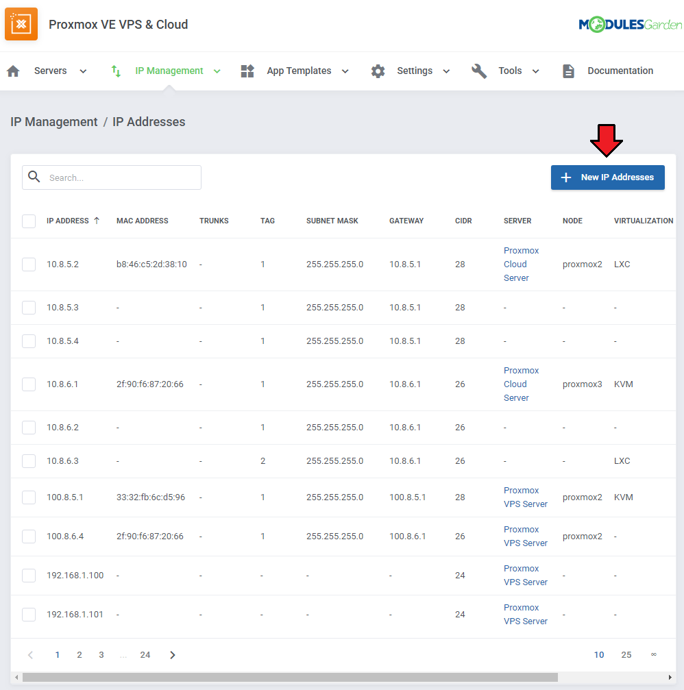 Proxmox VE VPS And Cloud For WHMCS: IP Management, IP Addresses list with the New IP Addresses button marked