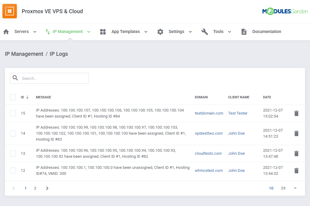Proxmox VE VPS And Cloud For WHMCS: IP Management, IP Logs page listing assigned and unassigned IP addresses