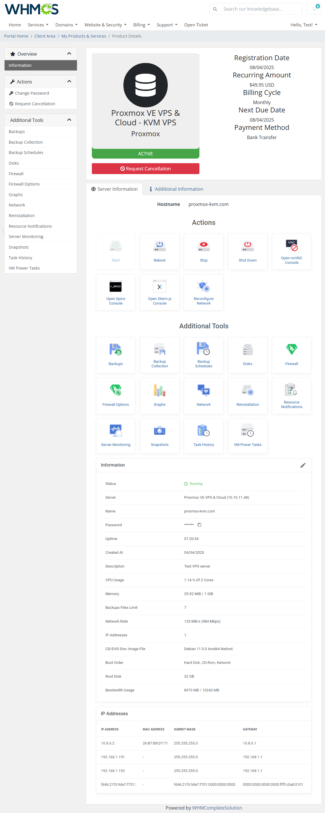 Proxmox VE VPS And Cloud For WHMCS: client area KVM VPS product details with actions and additional tools