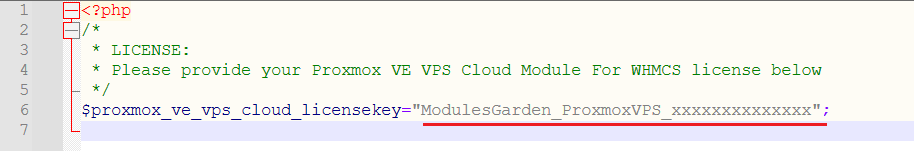 Proxmox VE VPS And Cloud For WHMCS: license.php file with the Proxmox license key variable highlighted