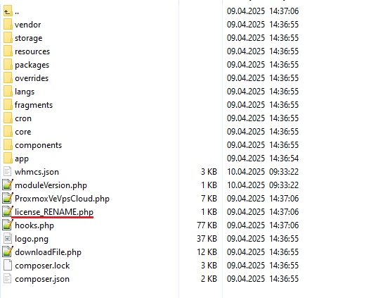 Proxmox VE VPS And Cloud For WHMCS: addon folder listing with the licenseRENAME.php file underlined