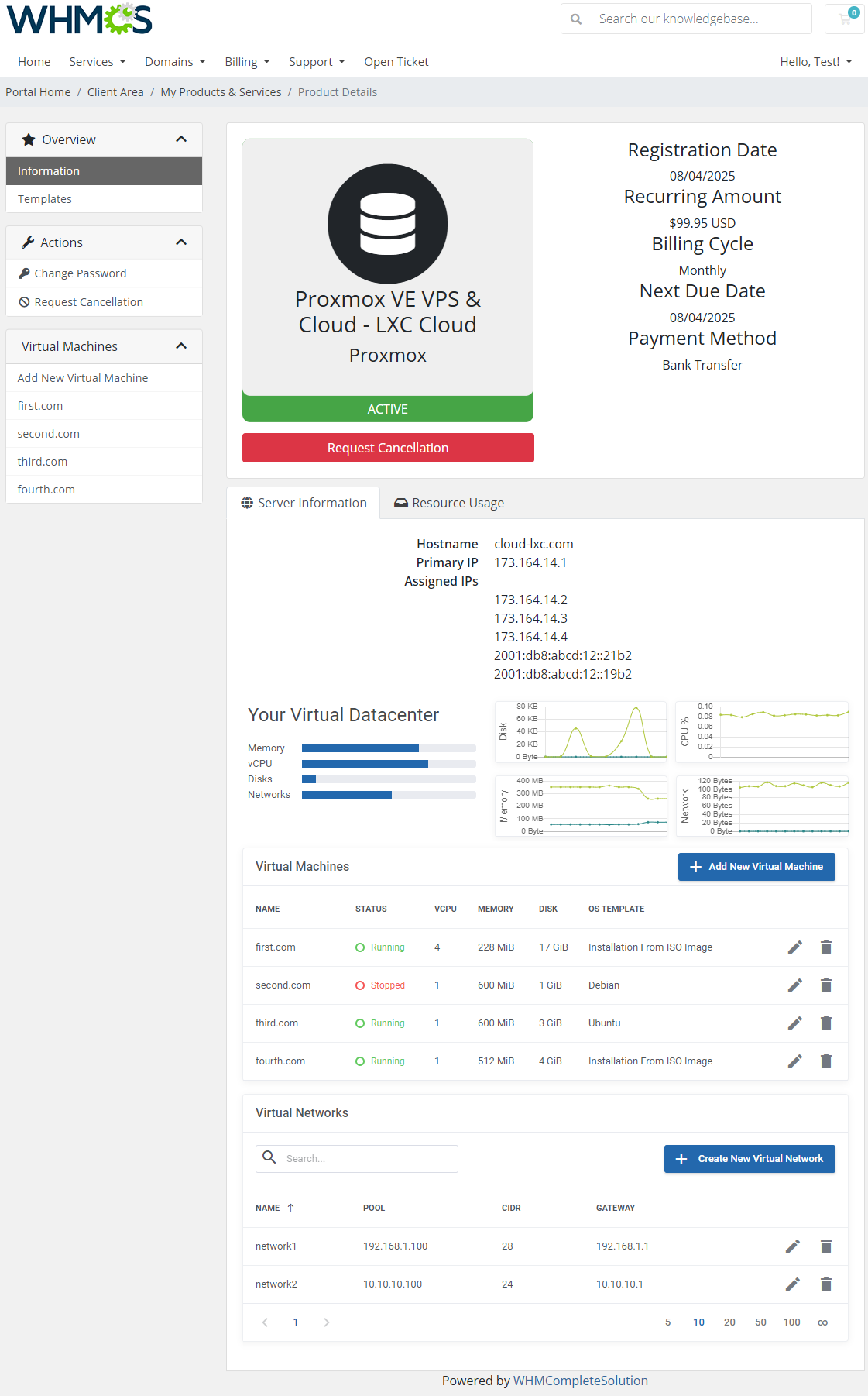 Proxmox VE VPS And Cloud For WHMCS: client area LXC cloud product page with virtual machines, networks and resource