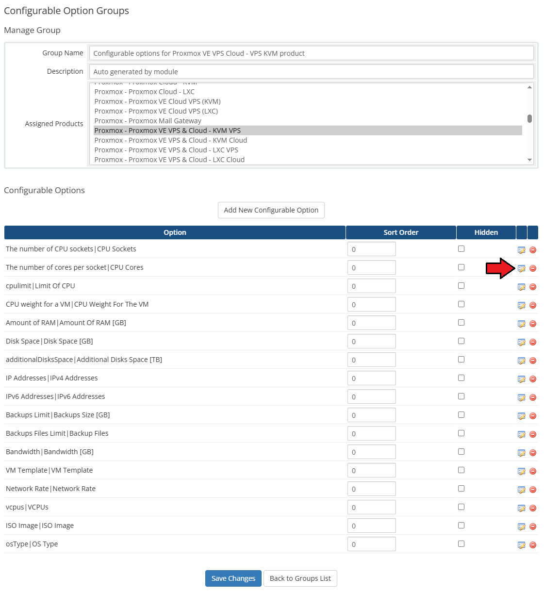 Proxmox VE VPS And Cloud For WHMCS: WHMCS admin Manage Group page with assigned products and configurable options