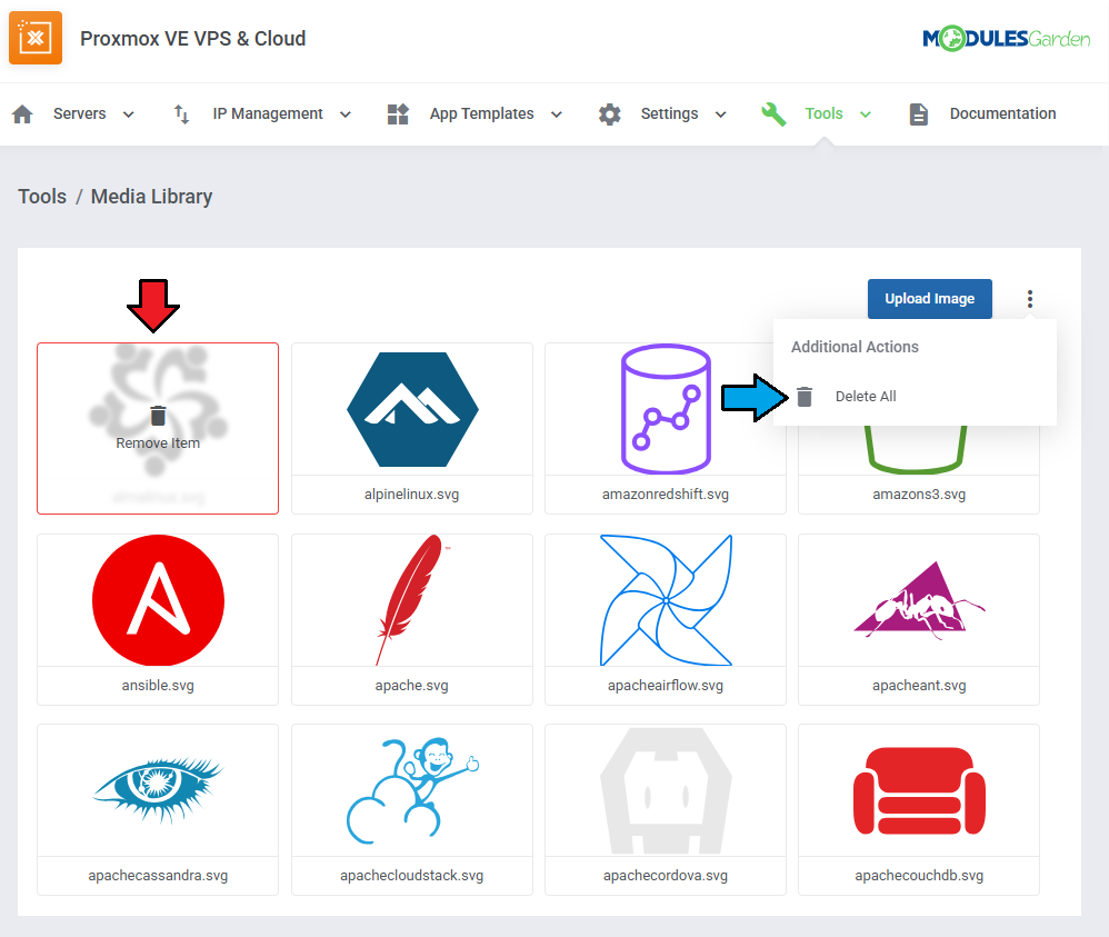 Proxmox VE VPS And Cloud For WHMCS: Media Library with the Remove Item option and the Delete All action