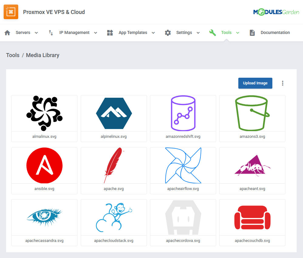 Proxmox VE VPS And Cloud For WHMCS: Tools Media Library page with the Upload Image button and the default distribution