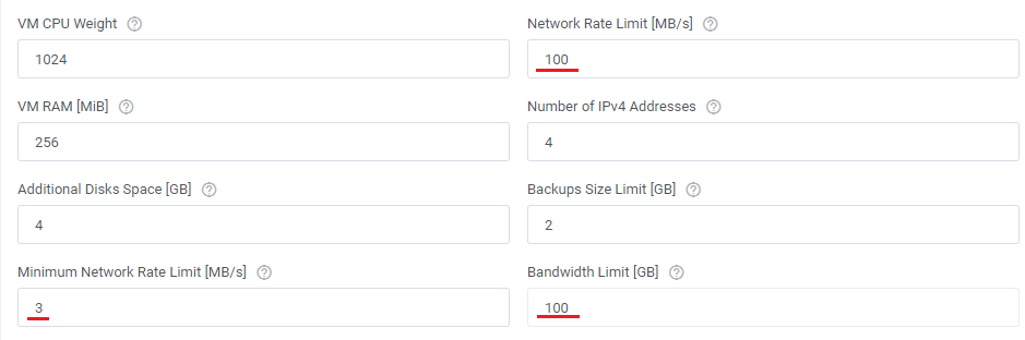 Proxmox VE VPS And Cloud For WHMCS: product limits with Network Rate, Minimum Network Rate and Bandwidth Limit values