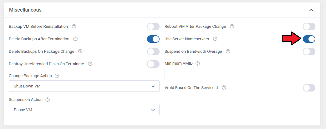Proxmox VE VPS And Cloud For WHMCS: module settings Miscellaneous section with Use Server Nameservers enabled