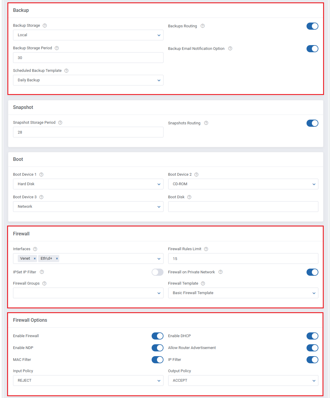 Proxmox VE VPS And Cloud For WHMCS: module settings Backup, Snapshot, Boot and Firewall sections with options