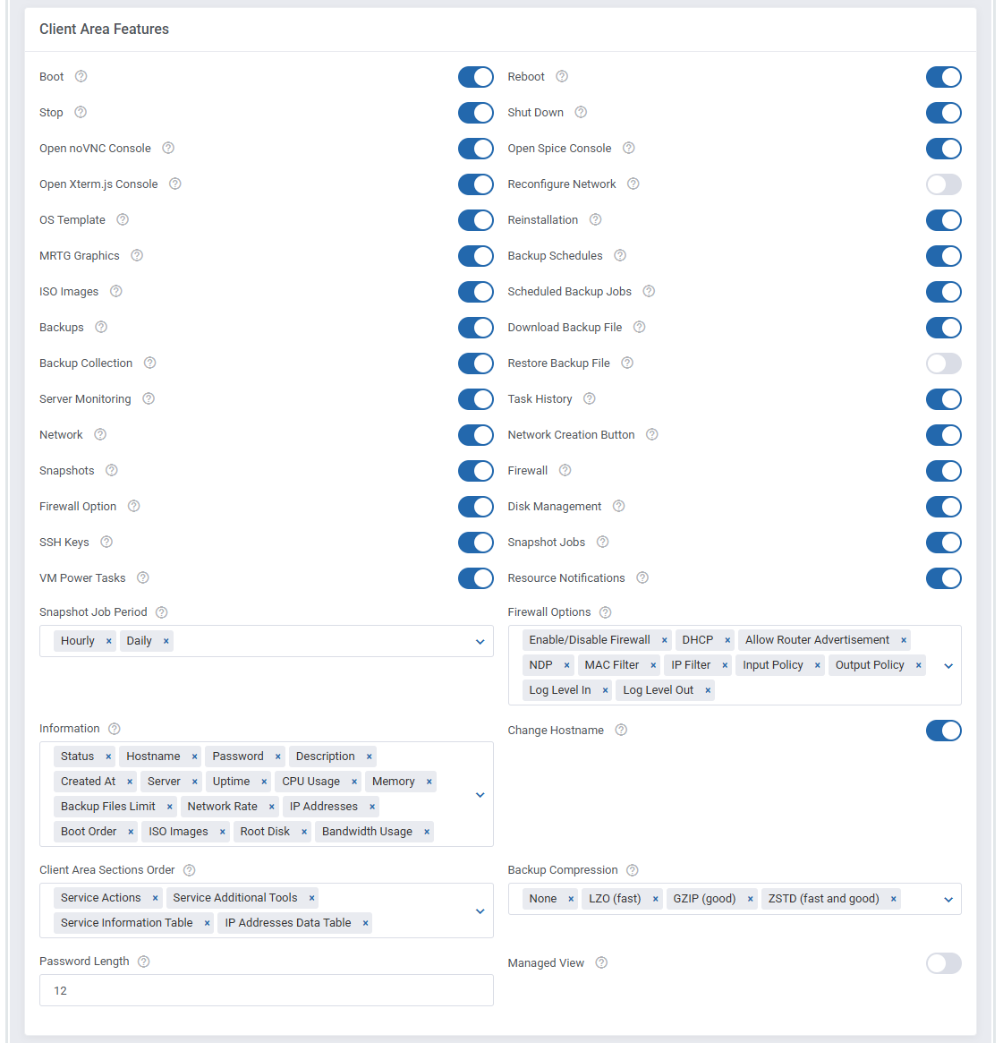 Proxmox VE VPS And Cloud For WHMCS: module settings Client Area Features section with feature toggles and Managed View