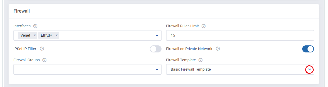 Proxmox VE VPS And Cloud For WHMCS: admin module settings Firewall section with the Firewall Template dropdown