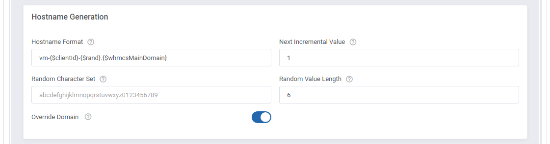 Proxmox VE VPS And Cloud For WHMCS: module settings Hostname Generation section with format and random value fields