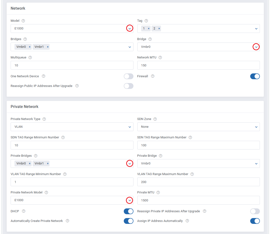 Proxmox VE VPS And Cloud For WHMCS: module settings Network and Private Network sections with bridge and VLAN options