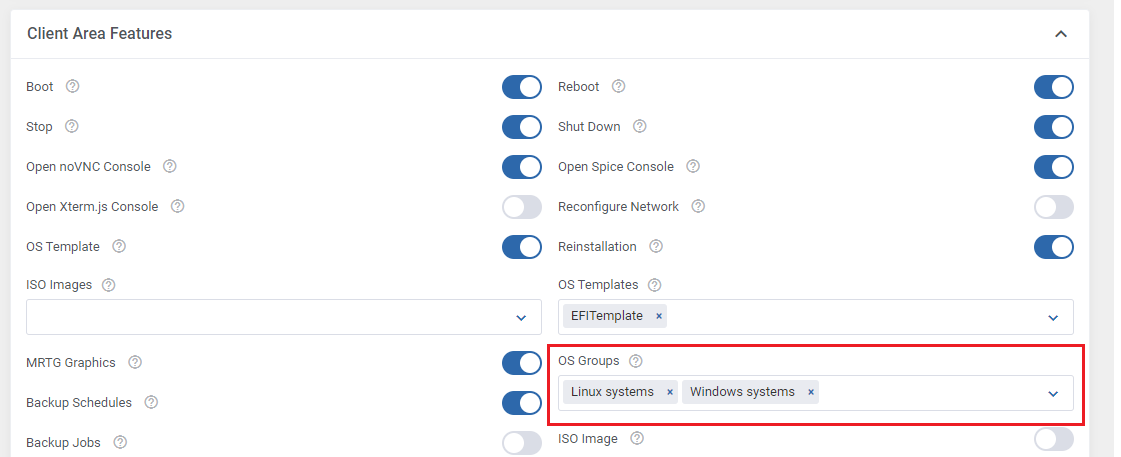 Proxmox VE VPS And Cloud For WHMCS: admin module settings Client Area Features with the OS Groups field marked