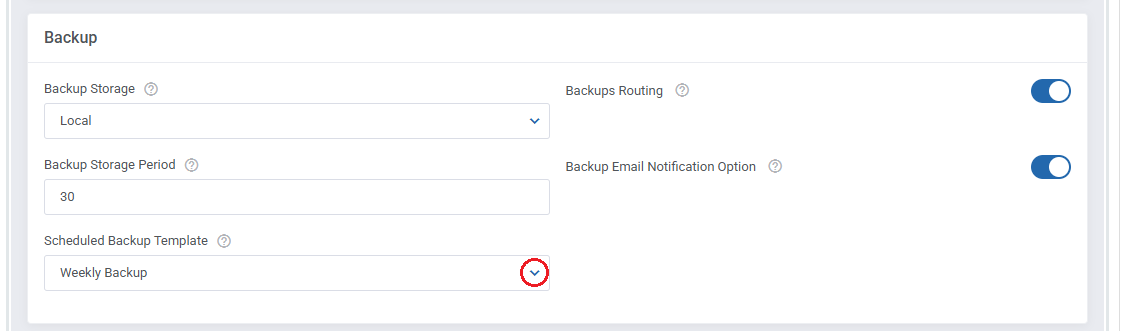 Proxmox VE VPS And Cloud For WHMCS: admin module settings Backup section with the Scheduled Backup Template dropdown