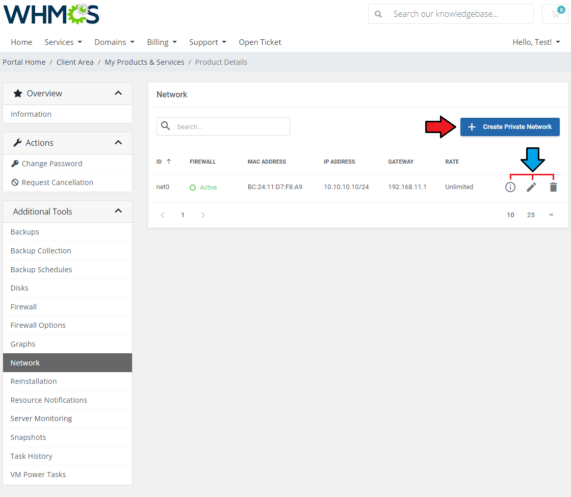Proxmox VE VPS And Cloud For WHMCS: Network page with the Create Private Network button and action icons highlighted