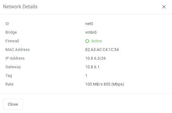 Proxmox VE VPS And Cloud For WHMCS: Network Details dialog with bridge, firewall, MAC address, IP address and rate
