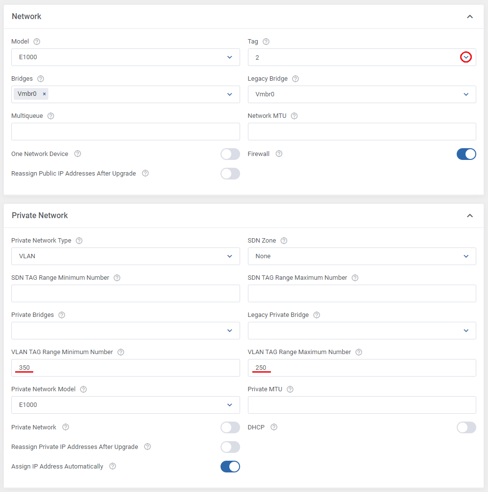 Proxmox VE VPS And Cloud For WHMCS: Network and Private Network settings with the Tag drop-down and VLAN tag range