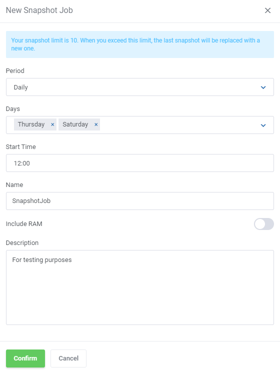Proxmox VE VPS And Cloud For WHMCS: client area New Snapshot Job form with period, days, start time, name and