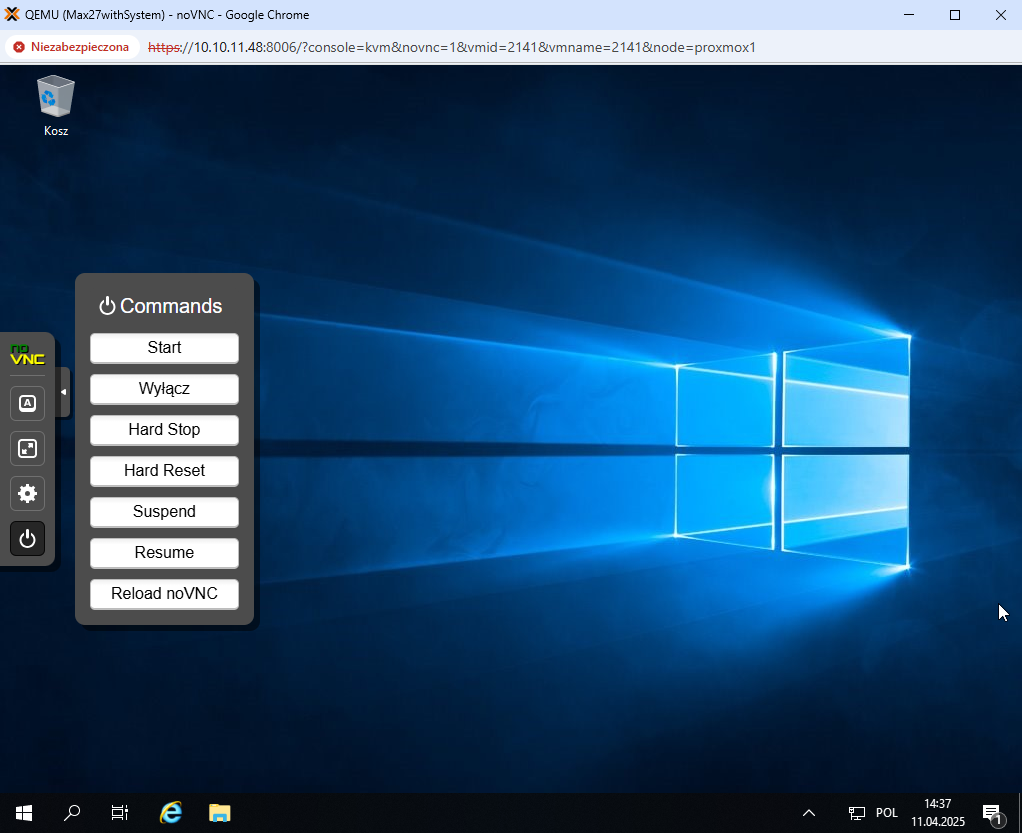 Proxmox VE VPS And Cloud For WHMCS: noVNC console in a browser window showing a Windows desktop and the Commands menu