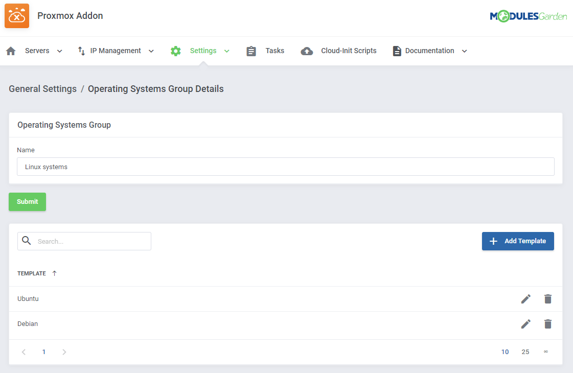 Proxmox VE VPS And Cloud For WHMCS: Operating Systems Group Details with the name field and Ubuntu and Debian templates