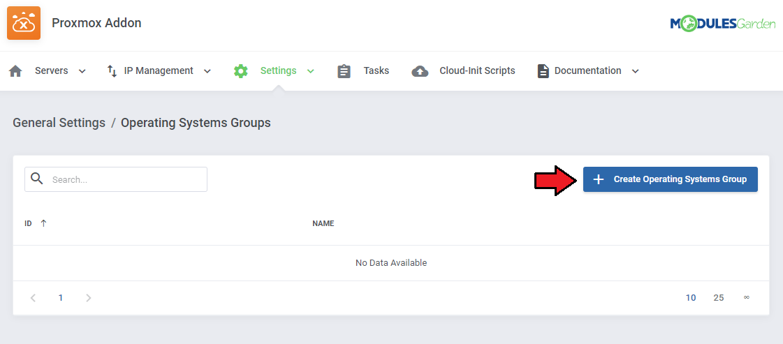 Proxmox VE VPS And Cloud For WHMCS: addon Operating Systems Groups page with Create Operating Systems Group button