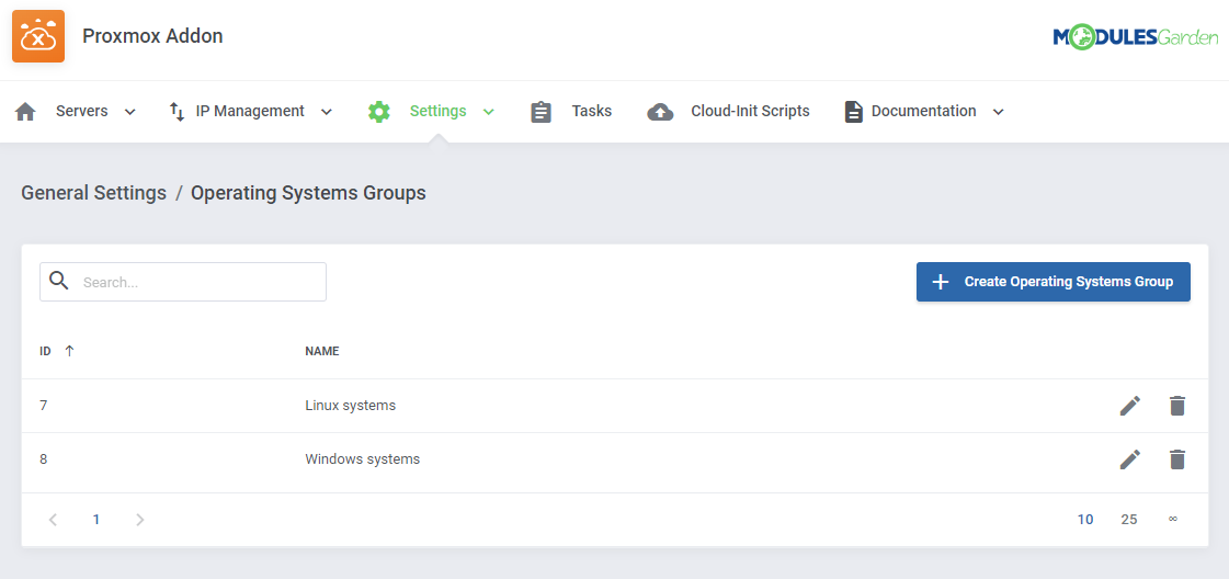 Proxmox VE VPS And Cloud For WHMCS: addon Operating Systems Groups list with Linux systems and Windows systems
